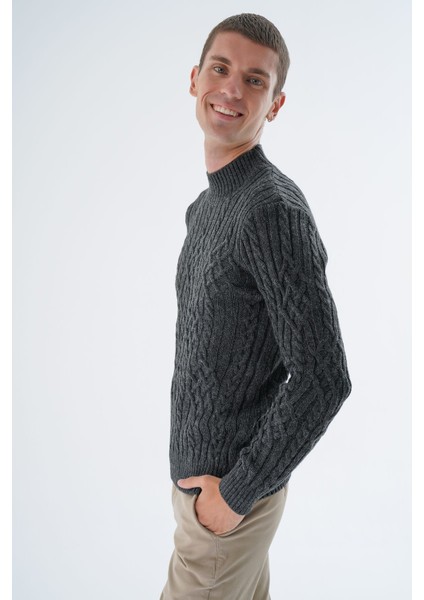 Erkek Antrasit Yarım Balıkçı Fitilli Yürütme Saç Örgülü Yün Triko Örme Kazak TRIST-5343 modelleri
