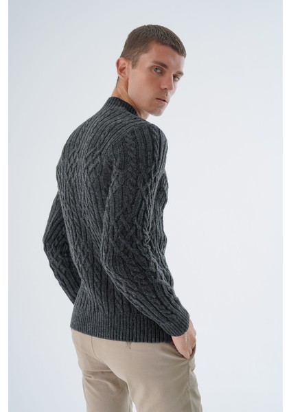 Erkek Antrasit Yarım Balıkçı Fitilli Yürütme Saç Örgülü Yün Triko Örme Kazak TRIST-5343 fırsatları