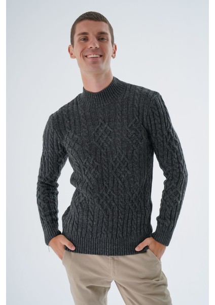 Erkek Antrasit Yarım Balıkçı Fitilli Yürütme Saç Örgülü Yün Triko Örme Kazak TRIST-5343 indirimleri