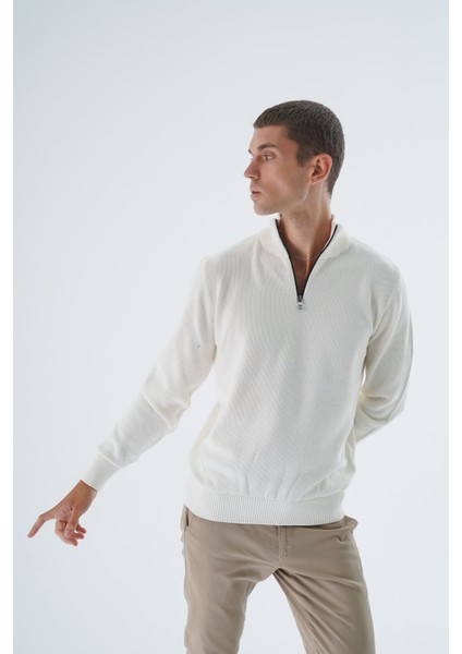 Erkek Ekru %100 Pamuk Fermuarlı Dik Yaka Triko Kazak TRIST-1191 fiyatları