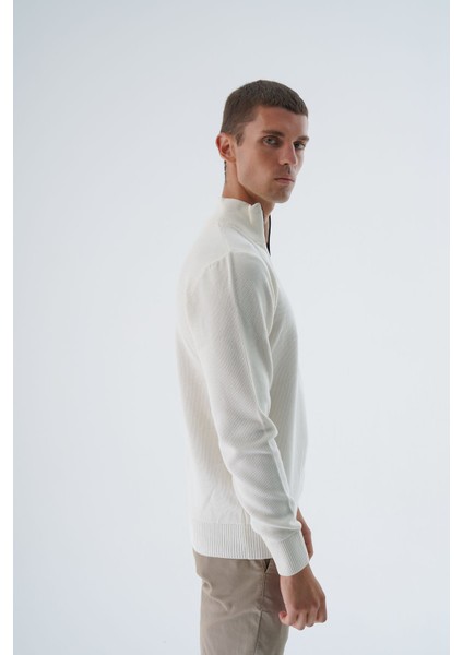 Erkek Ekru %100 Pamuk Fermuarlı Dik Yaka Triko Kazak TRIST-1191 modelleri