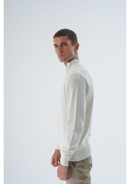 Erkek Ekru %100 Pamuk Fermuarlı Dik Yaka Triko Kazak TRIST-1191 fırsatları