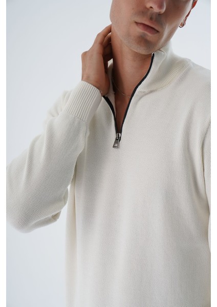 Erkek Ekru %100 Pamuk Fermuarlı Dik Yaka Triko Kazak TRIST-1191 indirimleri