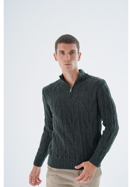 Erkek Haki Dik Yaka Kısa Fermuarlı Yürütme Örgülü Yün Triko Örme Kazak TRIST-5344