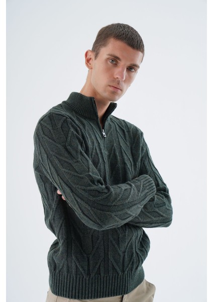 Erkek Haki Dik Yaka Kısa Fermuarlı Yürütme Örgülü Yün Triko Örme Kazak TRIST-5344 fiyatları