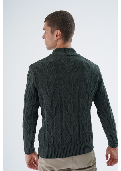 Erkek Haki Dik Yaka Kısa Fermuarlı Yürütme Örgülü Yün Triko Örme Kazak TRIST-5344 fırsatları