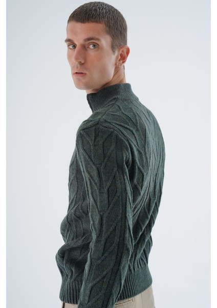Erkek Haki Dik Yaka Kısa Fermuarlı Yürütme Örgülü Yün Triko Örme Kazak TRIST-5344 indirimleri