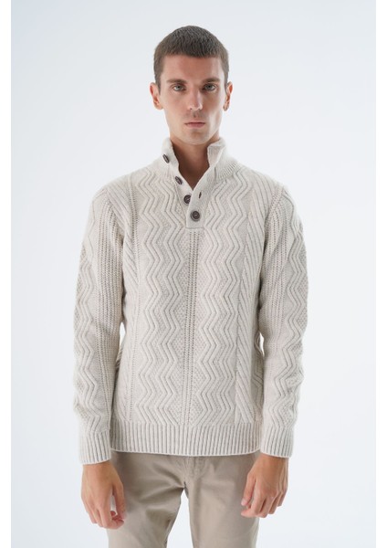 Erkek Bej Yarım Balıkçı Düğmeli Saç Örgülü Yün Triko Örme Kazak TRIST-5334