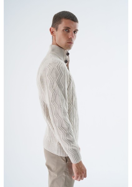 Erkek Bej Yarım Balıkçı Düğmeli Saç Örgülü Yün Triko Örme Kazak TRIST-5334 fiyatları