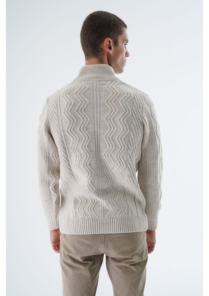 Erkek Bej Yarım Balıkçı Düğmeli Saç Örgülü Yün Triko Örme Kazak TRIST-5334 modelleri