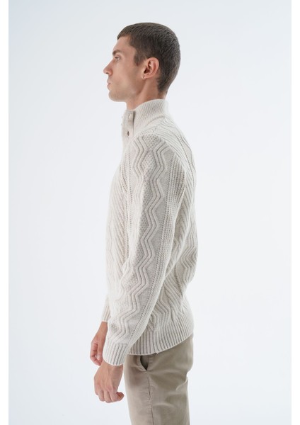 Erkek Bej Yarım Balıkçı Düğmeli Saç Örgülü Yün Triko Örme Kazak TRIST-5334 fırsatları