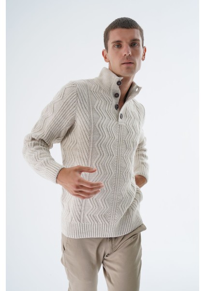 Erkek Bej Yarım Balıkçı Düğmeli Saç Örgülü Yün Triko Örme Kazak TRIST-5334 indirimleri