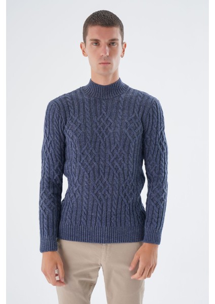 Erkek Lacivert Yarım Balıkçı Fitilli Yürütme Saç Örgülü Yün Triko Örme Kazak TRIST-5343