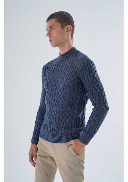 Erkek Lacivert Yarım Balıkçı Fitilli Yürütme Saç Örgülü Yün Triko Örme Kazak TRIST-5343 modelleri