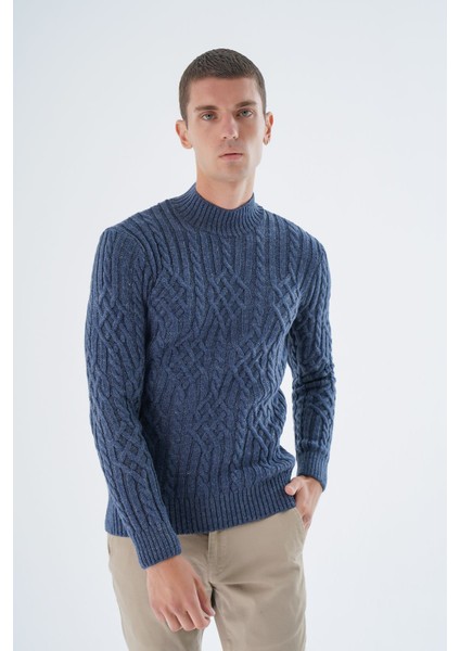Erkek Lacivert Yarım Balıkçı Fitilli Yürütme Saç Örgülü Yün Triko Örme Kazak TRIST-5343 indirimleri