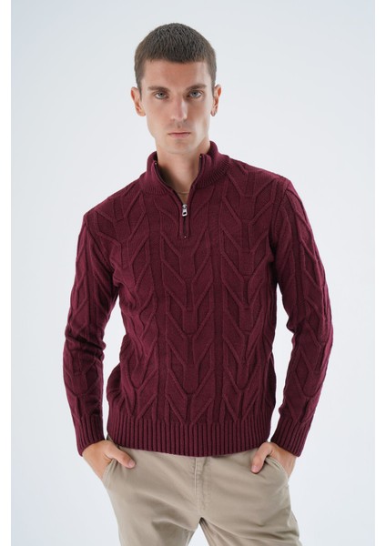 Erkek Bordo Dik Yaka Kısa Fermuarlı Yürütme Örgülü Yün Triko Örme Kazak TRIST-5344