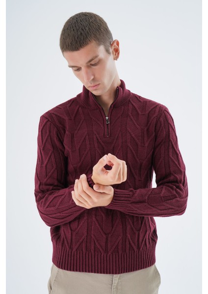 Erkek Bordo Dik Yaka Kısa Fermuarlı Yürütme Örgülü Yün Triko Örme Kazak TRIST-5344 fiyatları