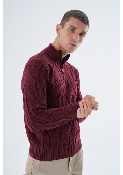 Erkek Bordo Dik Yaka Kısa Fermuarlı Yürütme Örgülü Yün Triko Örme Kazak TRIST-5344 modelleri