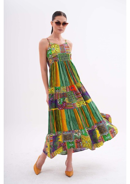 Kadın Etnik Desenli Ip Askılı Uzun Elbise fiyatları