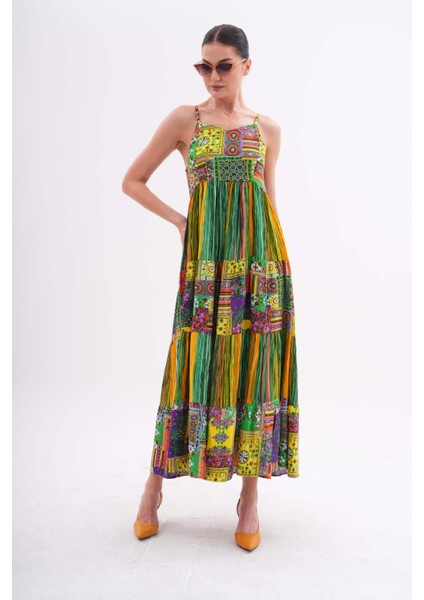 Kadın Etnik Desenli Ip Askılı Uzun Elbise modelleri