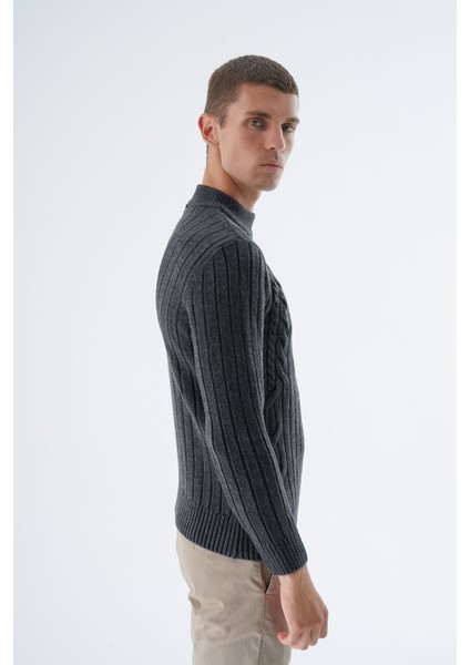 Erkek Antrasit Yarım Balıkçı Saç Örgülü Arka Kol Fitilli Yün Triko Örme Kazak TRIST-5328 modelleri