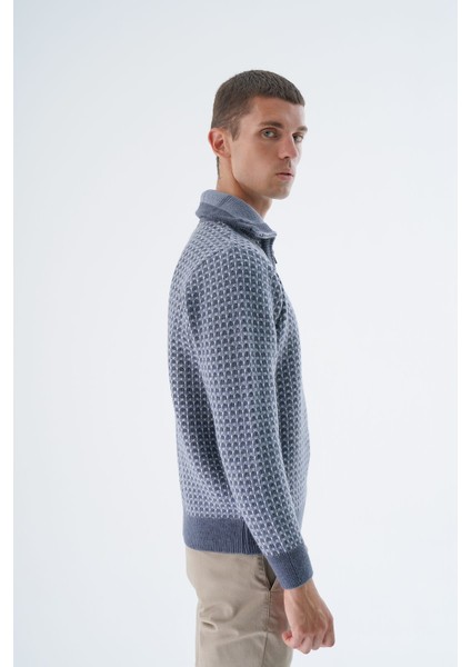 Erkek Indigo Kamyon Yaka Jakarlı Üç Renkli Fermuarlı Yün Triko Örme Kazak TRIST-5340 fiyatları