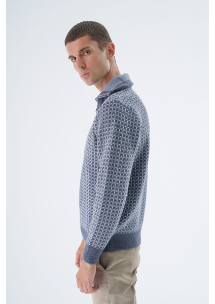 Erkek Indigo Kamyon Yaka Jakarlı Üç Renkli Fermuarlı Yün Triko Örme Kazak TRIST-5340 fırsatları