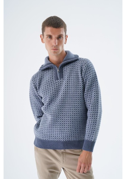 Erkek Indigo Kamyon Yaka Jakarlı Üç Renkli Fermuarlı Yün Triko Örme Kazak TRIST-5340 indirimleri