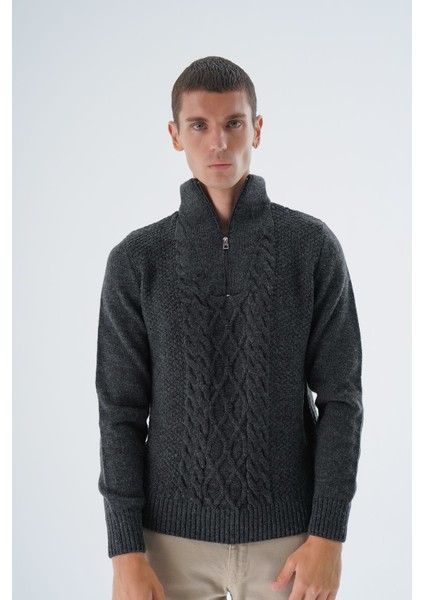 Erkek Antrasit Dik Yaka Fermuarlı Yarım Balıkçı Yün Triko Örme Kazak TRIST-5325