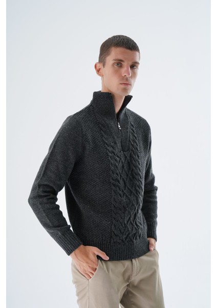 Erkek Antrasit Dik Yaka Fermuarlı Yarım Balıkçı Yün Triko Örme Kazak TRIST-5325 fiyatları