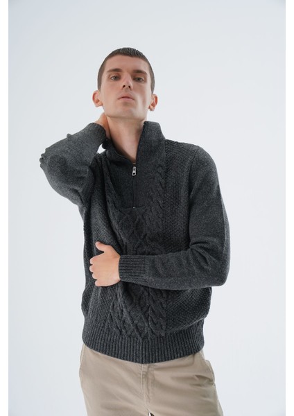 Erkek Antrasit Dik Yaka Fermuarlı Yarım Balıkçı Yün Triko Örme Kazak TRIST-5325 modelleri
