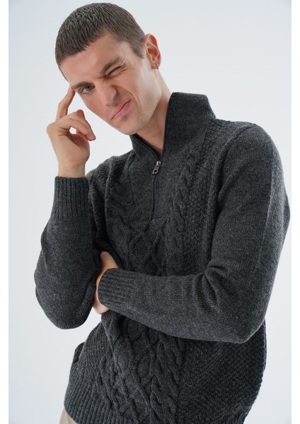 Erkek Antrasit Dik Yaka Fermuarlı Yarım Balıkçı Yün Triko Örme Kazak TRIST-5325 fırsatları