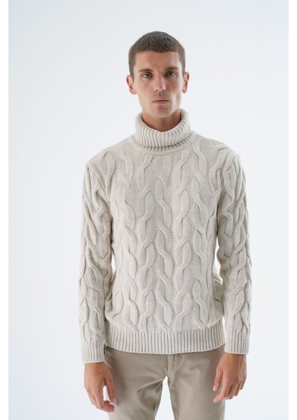 Erkek Bej Balıkçı Yaka Pirinç Saç Örgülü Yün Triko Örme Kazak TRIST-5337