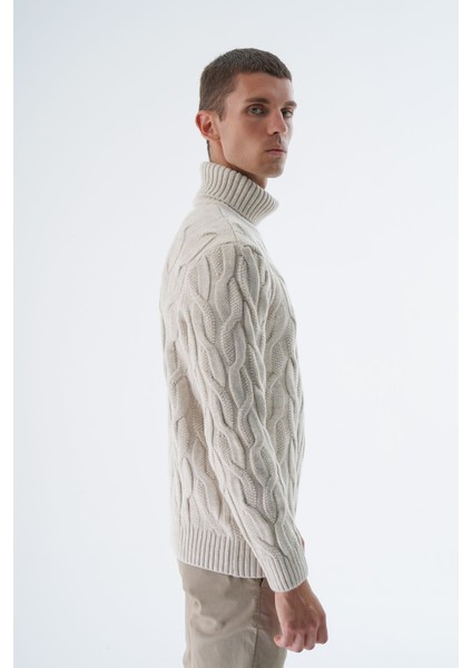 Erkek Bej Balıkçı Yaka Pirinç Saç Örgülü Yün Triko Örme Kazak TRIST-5337 fiyatları