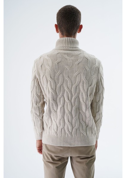 Erkek Bej Balıkçı Yaka Pirinç Saç Örgülü Yün Triko Örme Kazak TRIST-5337 modelleri