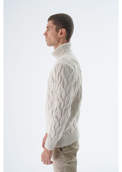 Erkek Bej Balıkçı Yaka Pirinç Saç Örgülü Yün Triko Örme Kazak TRIST-5337 fırsatları