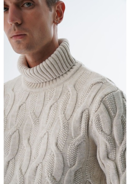 Erkek Bej Balıkçı Yaka Pirinç Saç Örgülü Yün Triko Örme Kazak TRIST-5337 indirimleri