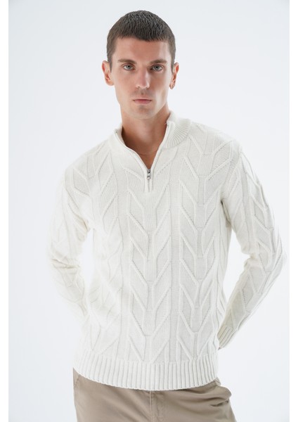 Erkek Kemik Dik Yaka Kısa Fermuarlı Yürütme Örgülü Yün Triko Örme Kazak TRIST-5344