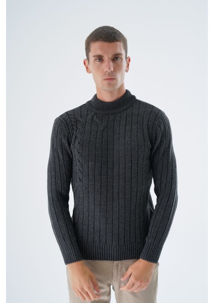 Erkek Antrasit Yarım Balıkçı Saç Örgülü Arka Kol Fitilli Yün Triko Örme Kazak TRIST-5328