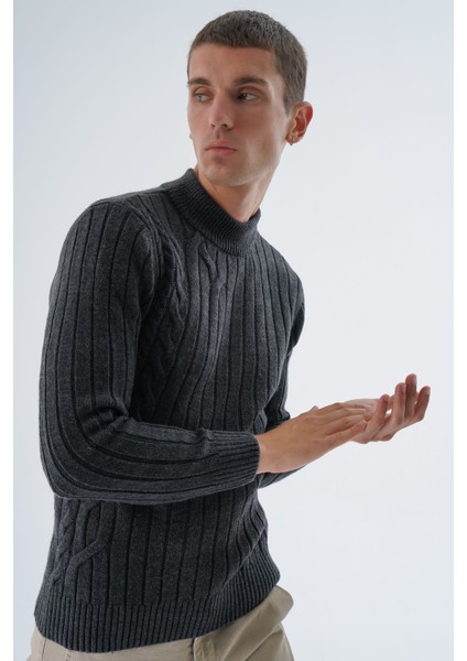 Erkek Antrasit Yarım Balıkçı Saç Örgülü Arka Kol Fitilli Yün Triko Örme Kazak TRIST-5328 fiyatları