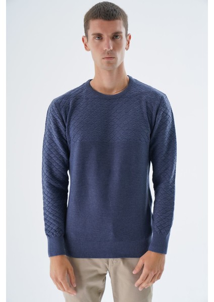 Erkek Indigo Bisiklet Yaka Baklava Desenli Linx %100 Pamuk Triko Kazak TRIST-1202