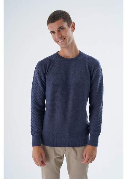 Erkek Indigo Bisiklet Yaka Baklava Desenli Linx %100 Pamuk Triko Kazak TRIST-1202 fiyatları