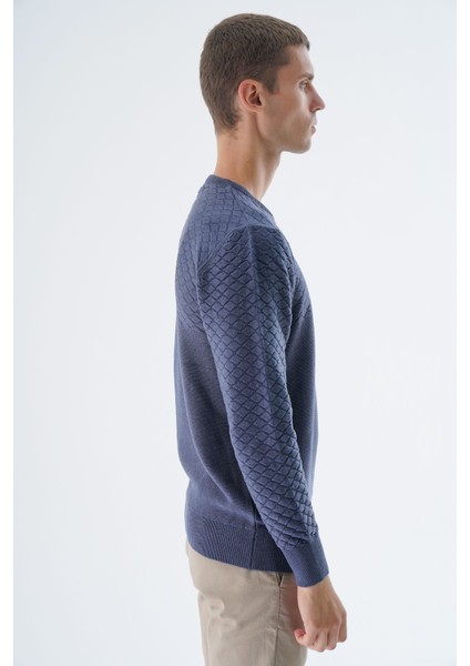Erkek Indigo Bisiklet Yaka Baklava Desenli Linx %100 Pamuk Triko Kazak TRIST-1202 modelleri