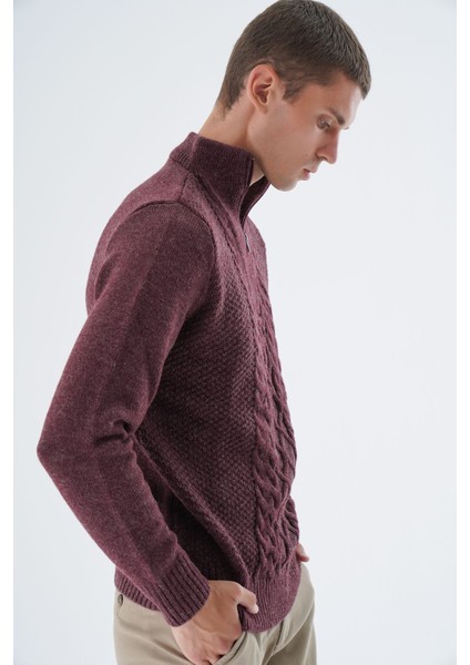 Erkek Bordo Dik Yaka Fermuarlı Yarım Balıkçı Yün Triko Örme Kazak TRIST-5325 fiyatları