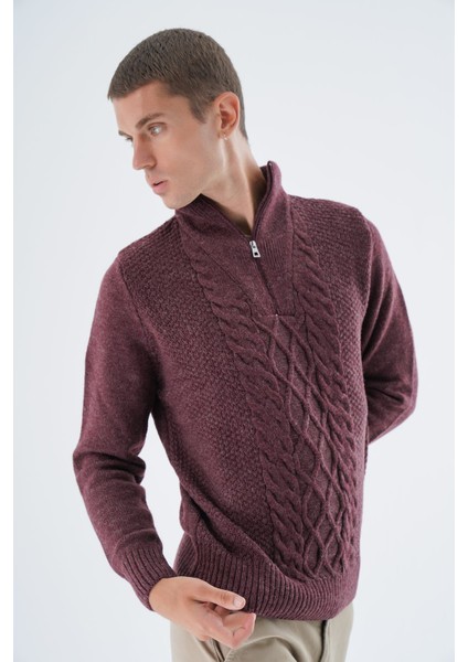Erkek Bordo Dik Yaka Fermuarlı Yarım Balıkçı Yün Triko Örme Kazak TRIST-5325 indirimleri