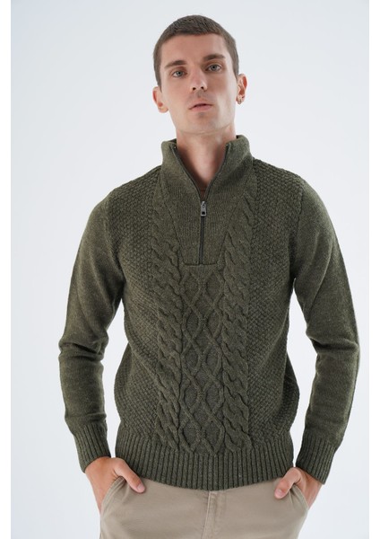 Erkek Haki Dik Yaka Fermuarlı Yarım Balıkçı Yün Triko Örme Kazak TRIST-5325