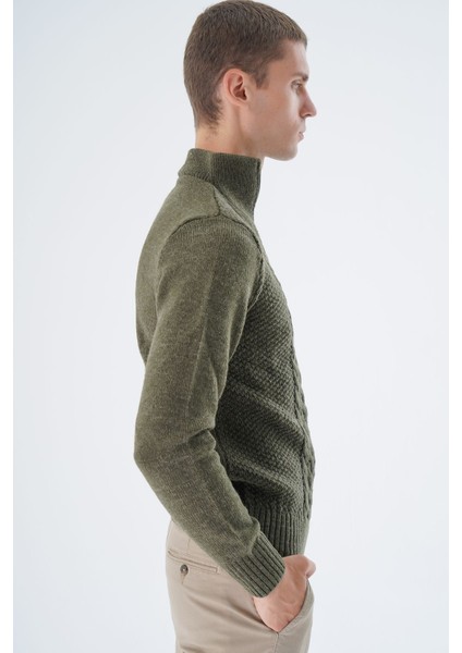 Erkek Haki Dik Yaka Fermuarlı Yarım Balıkçı Yün Triko Örme Kazak TRIST-5325 fiyatları