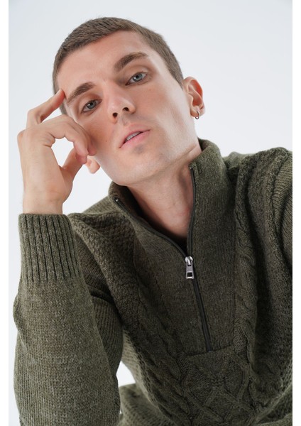 Erkek Haki Dik Yaka Fermuarlı Yarım Balıkçı Yün Triko Örme Kazak TRIST-5325 indirimleri