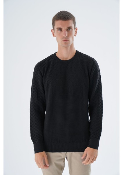 Erkek Siyah Bisiklet Yaka Baklava Desenli Linx %100 Pamuk Triko Kazak TRIST-1202