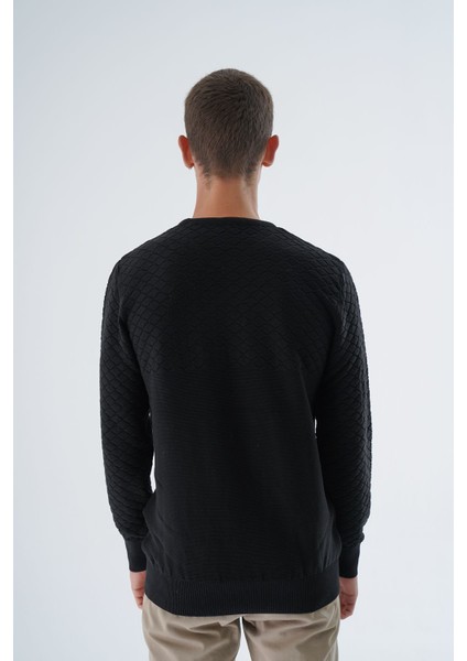 Erkek Siyah Bisiklet Yaka Baklava Desenli Linx %100 Pamuk Triko Kazak TRIST-1202 modelleri